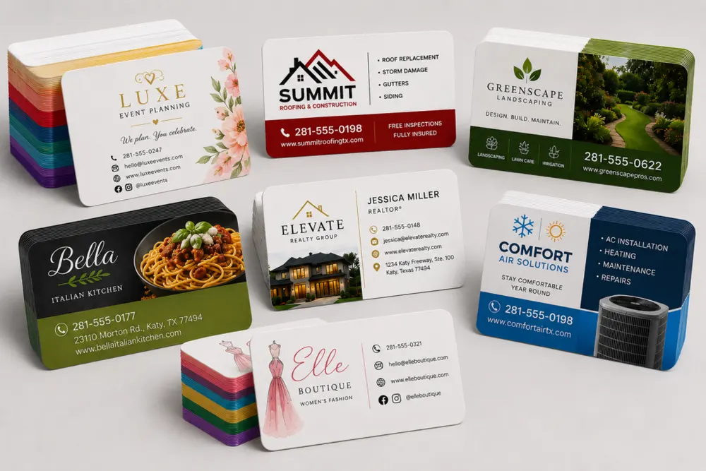 Examples of custom business cards in different finishes