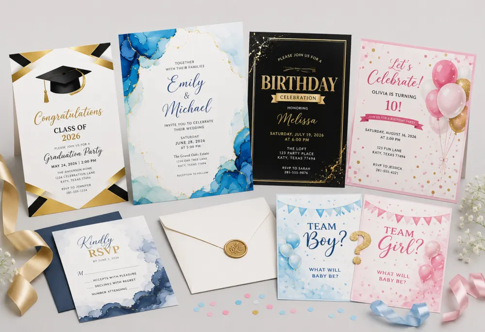 Custom invitations for weddings, birthdays, and celebrations