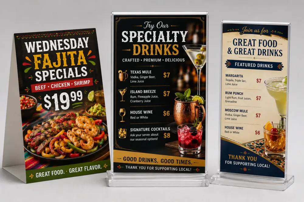 Restaurant table tents and acrylic tabletop promotional displays